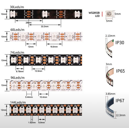 Fl0wship. DC5V WS2812B Individually Addressable 5050 RGB
Led Strip WS2812 Smart Pixels Led Light Black White
PCB Waterproof IP30/65/67